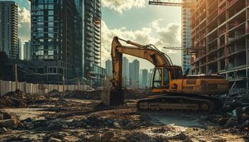 ai generado un ciudad con un construcción excavador a el frente foto