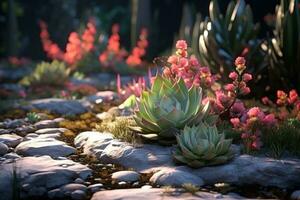 AI generated beautiful landscape design with succulents, stones, and flowers photo