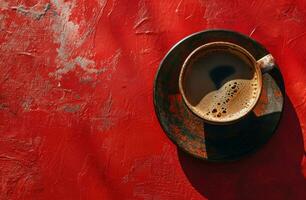 AI generated a cup of coffee is placed on a red background photo