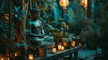 AI generated buddha statue is sitting in a place with many plants and candlelight photo