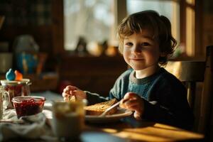 AI generated boy has cereal containing berry jam on toast photo