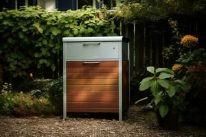 AI generated composting bin, wooden in the back yard photo