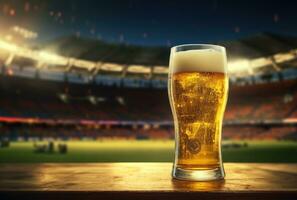 AI generated an empty beer glass sitting on a soccer field photo