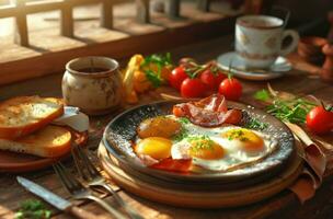 ai generado desayuno con huevo y aguacate brindis foto