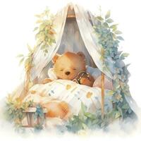 AI generated A sleepy baby bear in a bedding. watercolor illustration. AI Generated photo