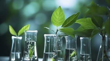 ai generado biotecnología concepto con verde planta hojas, laboratorio cristalería, y conductible investigación, ilustrando el poderoso combinación de naturaleza y Ciencias en médico avances foto