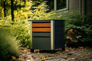 AI generated composting bin, wooden in the back yard photo