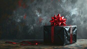 AI generated a black present box with red ribbon on background photo