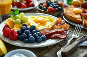 AI generated breakfast made simple with fresh fruit, blueberries, grapes, omelette photo