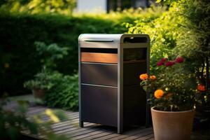 AI generated composting bin, wooden in the back yard photo