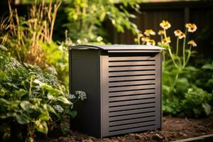 AI generated composting bin, wooden in the back yard photo