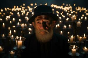 ai generado un grande hombre sentado siguiente a algunos velas foto