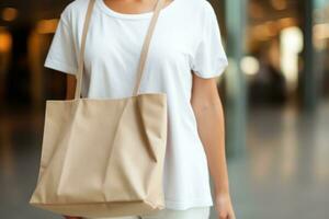 AI generated beautiful young woman wearing a white tee shirt and a brown bag photo