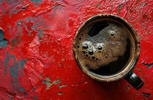 ai generado un taza de café es metido en un rojo antecedentes foto