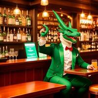 AI generated Green dragon dressed in a festive holiday suit sitting at a table in a bar. Anthropomorphic animals. Generative AI. photo