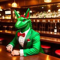 AI generated Green dragon dressed in a festive holiday suit sitting at a table in a bar. Anthropomorphic animals. Generative AI. photo