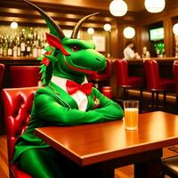 AI generated Green dragon dressed in a festive holiday suit sitting at a table in a bar. Anthropomorphic animals. Generative AI. photo