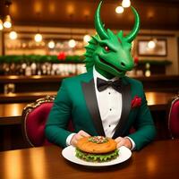 AI generated Green dragon dressed in a festive holiday suit sitting at a table in a bar. Anthropomorphic animals. Generative AI. photo