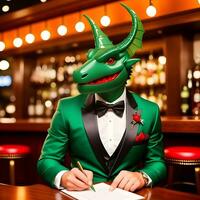 AI generated Green dragon dressed in a festive holiday suit sitting at a table in a bar. Anthropomorphic animals. Generative AI. photo