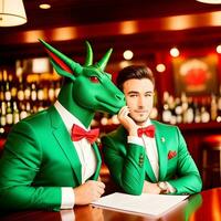 ai generado verde continuar vestido en un festivo fiesta traje sentado a un mesa en un bar. antropomórfico animales generativo ai. foto