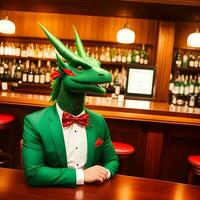 ai generado verde continuar vestido en un festivo fiesta traje sentado a un mesa en un bar. antropomórfico animales generativo ai. foto