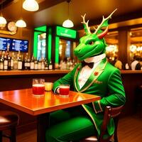 AI generated Green dragon dressed in a festive holiday suit sitting at a table in a bar. Anthropomorphic animals. Generative AI. photo