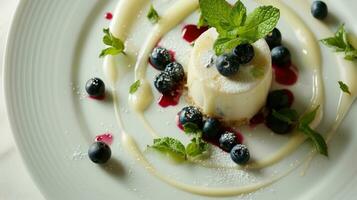 AI generated Describing a Dessert Plate with Birds Milk Cake, Blueberries photo