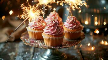 AI generated Cupcakes on a cake stand with sparklers photo