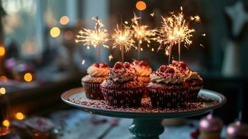 AI generated Cupcakes on a cake stand with sparklers photo