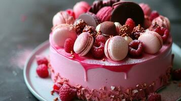 AI generated Description of a Pink Cake with Macaroons, Raspberries photo