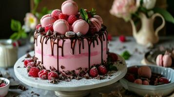 AI generated Description of a Pink Cake with Macaroons, Raspberries photo