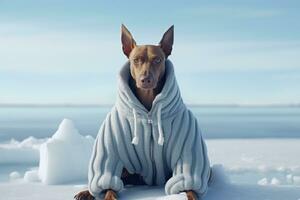 AI generated dog in sweater sitting on ice, photo