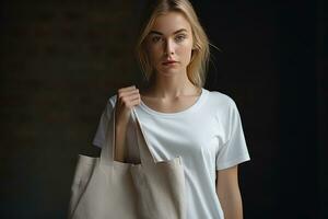 AI generated beautiful young woman wearing a white tee shirt and a brown bag photo