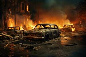 AI generated a lot of burned cars in the streets photo
