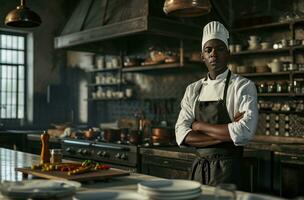 ai generado negro cocinero retrato en cocina con lleno brazos foto