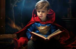 AI generated a little boy reading a book in a red cape photo