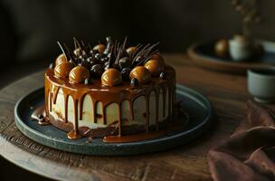 AI generated caramel cake with chocolate balls and caramel drizzle photo