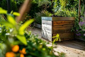 AI generated compost bin next to some plants in the garden photo