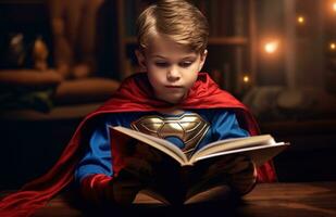 AI generated a little boy reading a book in a red cape photo