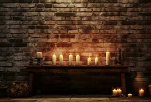AI generated candles lit on a table in front of a brick wall photo