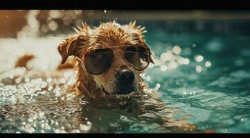 ai generado frio perro en piscina con Gafas de sol foto
