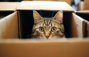 ai generado un gato sentado en un cartulina caja mirando fuera de eso foto