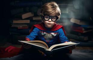 AI generated a little boy reading a book in a red cape photo
