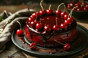 AI generated cherry cake with chocolate photo