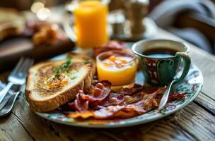 AI generated breakfast with avocado on toast with egg on top photo