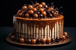 AI generated caramel cake with chocolate balls and caramel drizzle photo