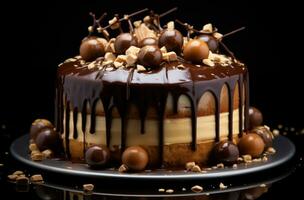 AI generated caramel cake with chocolate balls and caramel drizzle photo