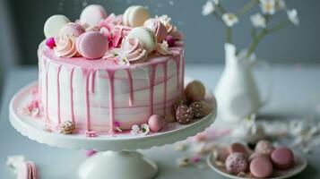 ai generado delicado rosado pastel adornado con Derretido blanco chocolate, macarrones foto