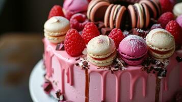 AI generated Description of a Pink Cake with Macaroons, Raspberries photo