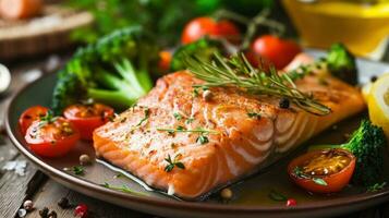 AI generated a grilled salmon and broccoli dinner with white wine on a black plate photo